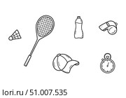 Sports doodle icon set concept. Design elements of a sports invert, a healthy lifestyle. Стоковая иллюстрация, иллюстратор Глущенко Елена / Фотобанк Лори