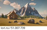 House situated in field with majestic mountains in background. Scene captures beauty of rural setting with focus on dwelling and surrounding landscape. Стоковое AI-видео, аниматор Данила Большаков / Фотобанк Лори