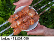 Свежее сырое мясо со специями в маринаде на шампурах для приготовления шашлыка. Стоковое фото, фотограф Виктория Панченко / Фотобанк Лори
