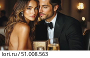 A stylish couple sits intimately at a beautifully set table, sharing a toast with champagne in a warm, inviting atmosphere. Стоковое AI-видео, аниматор Данила Большаков / Фотобанк Лори