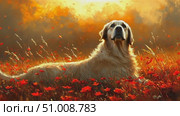 A golden retriever relaxes peacefully among bright red flowers, basking in the warm glow of a beautiful sunset outdoors. Стоковое AI-видео, аниматор Данила Большаков / Фотобанк Лори