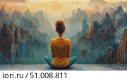 A woman sits peacefully, gazing at stunning mountain peaks illuminated by the warm light of sunset, lost in thoughtful meditation. Стоковое AI-видео, аниматор Данила Большаков / Фотобанк Лори