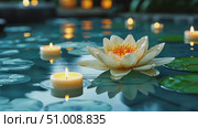 Enjoy the tranquil atmosphere of a peaceful pond illuminated by soft candlelight and highlighted by a blooming lotus flower. Стоковое AI-видео, аниматор Данила Большаков / Фотобанк Лори