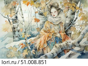 A delicate Japanese-style watercolor illustration: a woman in a traditional kimono with a rich pattern stands among birch trees in an autumn forest. Her image is refined and mysterious, her hair is styled in a complex hairstyle, her face is thoughtful. The palette of warm ocher and cool blue tones emphasizes the atmosphere of the changing seasons - autumn leaves have already begun to fall, and the first snow is visible below. The picture conveys a sense of silence, fragility and fleeting beauty of nature. Стоковое AI-изображение, AI-художник Анна Кривицкая / Фотобанк Лори