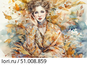 An elegant watercolor illustration in a warm autumn palette: a young woman with a gentle look is depicted against a background of a swirl of golden and red leaves. Her outfit is decorated with a floral pattern that echoes the surrounding foliage, creating a harmonious fusion with nature. The picture is filled with lightness, poetry and subtle femininity. Suitable for decorating postcards, posters, book covers, interior solutions and thematic collections on the theme of autumn and beauty. Стоковое AI-изображение, AI-художник Анна Кривицкая / Фотобанк Лори