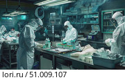 A team of dedicated scientists is diligently conducting crucial research on emerging diseases in a high-tech laboratory during late-night hours. Стоковое AI-видео, аниматор Данила Большаков / Фотобанк Лори