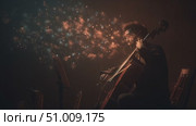 Musician creates magical atmosphere playing cello in dimly lit studio with swirling lights. Стоковое AI-видео, аниматор Сергей Толмачёв / Фотобанк Лори
