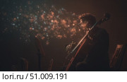 Musician creates enchanting melodies with cello while surrounded by a cosmic display. Стоковое AI-видео, аниматор Сергей Толмачёв / Фотобанк Лори