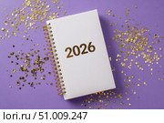 Empty notebook 2026. Purple color background. Blank Greeting Card, Invitation. Minimal Flier Design. Back to life, goal list concept. Resolutions, plan, goals, checklist idea. Top view. New Year. Стоковое AI-изображение, AI-художник Марина Демидюк / Фотобанк Лори