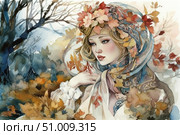 Watercolor illustration of a girl in Russian folk style against the backdrop of an autumn forest. She wears a wreath of leaves on her head and a traditional ornamented scarf on her shoulders. Delicate colors and smooth lines give the image a fairy-tale atmosphere. The image combines natural beauty, femininity and cultural heritage. Suitable for themes: autumn, Slavic culture, ethnicity, nature, female portraits, illustrations for fairy tales and books. Стоковое AI-изображение, AI-художник Анна Кривицкая / Фотобанк Лори