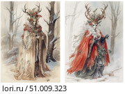 Two mysterious figures in the forest in winter — female characters in fairy-tale, masquerade outfits with deer antlers and wreaths of winter greenery, berries and flowers. The images resemble forest spirits, witches or guardians of the winter forest. One is in a light patterned cloak with ropes, the other is in a bright red mantle with gloves and white hair. Artistic watercolor in fantasy style with elements of nature, mysticism and ancient Slavic folklore. Ideal for use in projects on the theme of magic, nature, mythology and illustrative art. Стоковое AI-изображение, AI-художник Анна Кривицкая / Фотобанк Лори