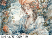 A watercolor portrait of a young woman in a romantic style, surrounded by flowers and foliage. Her gentle face with soft features and a calm expression conveys an atmosphere of dreaminess and comfort. The woman is dressed in an airy blue dress with ruffles and a turban in warm tones with floral decor. The artistic composition is filled with pastel shades, smooth lines and floral elements, creating a feeling of lightness and harmony. The image is suitable for themes on romanticism, art, femininity and nature. Стоковое AI-изображение, AI-художник Анна Кривицкая / Фотобанк Лори