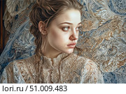 A luxurious digital illustration in the style of hyperrealism and art nouveau depicts a young woman in a vintage lace dress. Her gaze is directed to the side, her face conveys softness and thoughtfulness. The detailed background with floral and ornamental motifs creates the feeling of an art canvas or an old engraving. The image radiates elegance, grace and refined beauty. Perfect for themes of classical art, female portraiture, fashion, retro and modern aesthetics. Стоковое AI-изображение, AI-художник Анна Кривицкая / Фотобанк Лори