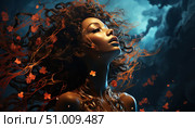 A fantastic digital portrait of a young woman in the image of a goddess or elemental. Her face is directed upwards, illuminated by a soft glow, and her thick curly hair is intertwined with orange branches and flowers, as if part of nature. The dark blue background with dramatic clouds creates a feeling of space or a magical world. The image is imbued with dynamics, beauty and symbolism. Perfect for fantasy, divinity, power of nature, mysticism and digital art themes. Стоковое AI-изображение, AI-художник Анна Кривицкая / Фотобанк Лори