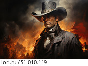 An artistic portrait of a courageous cowboy against the backdrop of a raging fire. The man, wearing a classic black trench coat and a wide-brimmed hat, with a stern expression on his face, embodies determination, strength and defiance. In the background is a blazing battle, figures with weapons in the fire and smoke. The illustration is done in digital painting with an oil texture, creating an atmosphere of drama and epic tension. Ideal for themes related to westerns, heroism, history, conflict, freedom and strength of character. Стоковое AI-изображение, AI-художник Анна Кривицкая / Фотобанк Лори