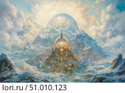 A fantastic landscape in the form of a painting: majestic snow-capped mountains under a shining sky, in the center of which rises a mysterious shining structure resembling a temple or an energy structure. The composition combines realism and mystical abstraction, creating a sense of sacred space - like an entrance to another world. Ideal for book covers, albums, posters, metaphysical projects, music content and fantastic stories. Стоковое AI-изображение, AI-художник Анна Кривицкая / Фотобанк Лори