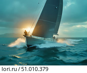 Парусник скользит по волнам на закате / A sailboat glides over the waves at sunset. Стоковое AI-изображение, AI-художник Валерий Лукин / Фотобанк Лори