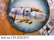 Appetizing sandwich with lightly salted herring. Стоковое фото, фотограф Яков Филимонов / Фотобанк Лори