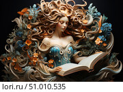 A magical fantasy illustration of a beautiful woman with her eyes closed, immersed in reading a book. Her hair and clothes are organically intertwined with flowers and plants, creating a sense of a living ornament. Waves of curls flow like streams, among which blue and orange flowers bloom. The dress in turquoise tones emphasizes the fairytale and gentle atmosphere of the scene. The overall style is fairytale, decorative, with elements of art nouveau and fantasy. The illustration is perfect for book covers, website design, themed calendars and decor. Стоковое AI-изображение, AI-художник Анна Кривицкая / Фотобанк Лори