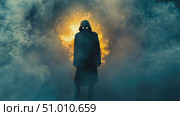 A shadowy figure stands amidst thick smoke and flickering flames, creating a haunting atmosphere on a dark night. Стоковое AI-видео, аниматор Данила Большаков / Фотобанк Лори