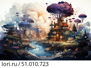 A fabulous digital illustration of a magical world, where a cozy stone house with towers is located on the bank of a winding river, surrounded by fantastic trees and soft shining light. Butterflies and petals fly around, giant books lie on the ground, and in the distance you can see a fairytale city drowning in clouds. The atmosphere is filled with magic, warmth and childish dreaminess. Ideal for children's books, posters, wall paintings, fantasy projects and visual storytelling. Стоковое AI-изображение, AI-художник Анна Кривицкая / Фотобанк Лори