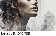 A creative illustration merges a woman's profile with urban elements, highlighting the synergy between individuality and city life. Стоковое AI-видео, аниматор Данила Большаков / Фотобанк Лори