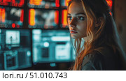 A young woman focuses intently on data analysis in a dimly lit room surrounded by vibrant screens and visual information at night. Стоковое AI-видео, аниматор Данила Большаков / Фотобанк Лори
