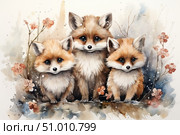 A charming watercolor illustration of three little foxes with big expressive eyes, sitting among twigs with flowers and gentle blurry spots of paint. The image is made in a soft pastel palette with elements of children's graphics, conveying warmth, tenderness and a fairy-tale atmosphere. Ideal for decorating children's products, postcards, posters, wall decor, textiles, book illustrations and design in the style of baby animals. Стоковое AI-изображение, AI-художник Анна Кривицкая / Фотобанк Лори