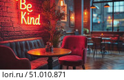 A stylish café features a warm ambiance with neon signage and rich furnishings, inviting patrons to relax and enjoy their time together. Стоковое AI-видео, аниматор Данила Большаков / Фотобанк Лори