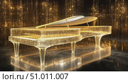 Enjoy a stunning display of a golden piano radiating light, set in a mesmerizing performance space, creating an enchanting atmosphere. Стоковое AI-видео, аниматор Данила Большаков / Фотобанк Лори