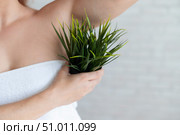 Faceless woman in a white towel holds a pot with a plant. Unrecognizable girl with the help of green bushes imitates the vegetation of armpit hair. Depilation area. Female hair removal. Стоковое фото, фотограф Михаил Решетников / Фотобанк Лори