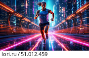 Спорт будущего. Бегун в неоне. Стоковое AI-изображение, AI-художник Анатолий Скачков / Фотобанк Лори