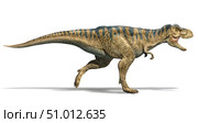 3D illustration of a T-rex dinosaur running, side view on white background. Стоковое фото, фотограф Leonello Calvetti/Stocktrek Images / ТАСС / Фотобанк Лори