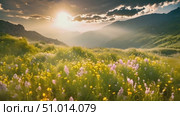 Sun sets in the background of a vast field filled with wildflowers, casting a warm glow over the colorful blooms. Стоковое AI-видео, аниматор Данила Большаков / Фотобанк Лори