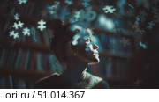 Woman contemplates life questions surrounded by books in a dimly lit library. Стоковое AI-видео, аниматор Сергей Толмачёв / Фотобанк Лори