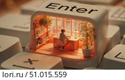Innovative miniature workspace inside a keyboard key illuminated by soft light. Стоковое AI-видео, аниматор Ekaterina Ismagilova / Фотобанк Лори