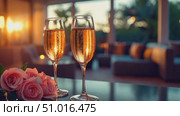Two elegant glasses filled with sparkling beverages sit next to fresh roses, capturing a warm and inviting atmosphere during golden hour. Стоковое AI-видео, аниматор Данила Большаков / Фотобанк Лори