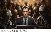 A digital illustration in the genre of science fiction: a man in glasses and a business suit sits in front of a laptop, surrounded by an army of humanoid robots. The scene conveys tension, loneliness and a symbolic conflict between man and machines. Bright lighting highlights the man's face, emphasizing his anxiety and isolation. Excellent visual material for topics related to AI, cybersecurity, future technologies, philosophy and ethics of artificial intelligence. Стоковое AI-изображение, AI-художник Анна Кривицкая / Фотобанк Лори