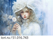 Portrait of a young girl in vintage white clothes with lace, holding delicate flowers in her hands. Her image is complemented by an exquisite hat decorated with large white roses. The painting is made in a romantic and fairytale style, with soft pastel shades and an atmosphere of lightness. Light and sophisticated aesthetics emphasize innocence, femininity and elegance. Suitable for themes of fashion, illustrations, retro romance, fairytale style and exquisite beauty. Стоковое AI-изображение, AI-художник Анна Кривицкая / Фотобанк Лори