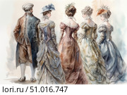 A watercolour illustration of five figures in 18th-century clothing - one man and four women. All the characters are depicted from the back, which creates intrigue and draws attention to the rich detail of their outfits: voluminous dresses, corsets, hats with feathers and jabots. The man is in a tailcoat and a camisole. The colour palette is soft, pastel, with a predominance of blue, cream and pinkish shades. The work conveys an atmosphere of aristocratic elegance, balls, historical novels and the Age of Enlightenment. Стоковое AI-изображение, AI-художник Анна Кривицкая / Фотобанк Лори