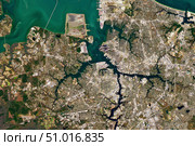 Satellite view showing outflow from the Elizabeth River joining the others in Hampton Roads, Virginia. Стоковое фото, фотограф Stocktrek Images, Inc. / ТАСС / Фотобанк Лори