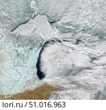 Satellite view of cloud streets stretching over the Great Lakes, mostly arising from Lake Superior and Lake Michigan. Стоковое фото, фотограф Stocktrek Images, Inc. / ТАСС / Фотобанк Лори