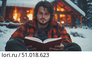 A man enjoys reading a book by the glowing warmth of a campfire, surrounded by a snowy landscape and a cozy cabin lit up in the background. Стоковое AI-видео, аниматор Данила Большаков / Фотобанк Лори