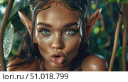 Discover an enchanting moment in the forest with a mystical character displaying a magical aura and striking features among lush greenery. Стоковое AI-видео, аниматор Данила Большаков / Фотобанк Лори