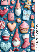 Cute Christmas sweets and gnomes pattern on blue festive background. Стоковое AI-изображение, AI-художник Александра Рублева / Фотобанк Лори