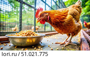 Close Up Of A Brown Hen Eating Food In A Metal Bowl In A Chicken Coop. Generative AI. Стоковое AI-изображение, AI-художник Roman Zavorotny / Фотобанк Лори