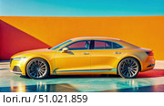 Yellow Lucid Air Coupe Parked Against Bright Orange Wall in Utah. Generative AI. Стоковое AI-изображение, AI-художник Roman Zavorotny / Фотобанк Лори
