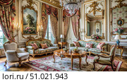 Rococo Style Living Room With Floral Textiles and Gilded Details. Generative AI. Стоковое AI-изображение, AI-художник Roman Zavorotny / Фотобанк Лори
