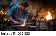 Blacksmith shapes metal at a traditional forge, surrounded by glowing coals and tools in a vibrant workshop during evening hours. Стоковое AI-изображение, AI-художник Сергей Толмачёв / Фотобанк Лори