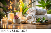 Spa and wellness setting with candles, towels and orchids. Стоковое AI-изображение, AI-художник Дмитрий Нечаев / Фотобанк Лори